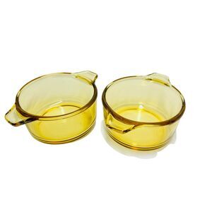 Vintage Set of 2 Dynaware Pyr-O-Rey Small Casserole Dishes Amber Glass Number 27